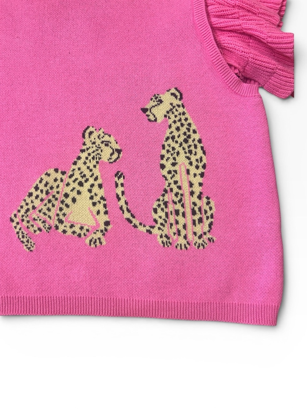 Entro Hot Pink Leopard Short Ruffle Sleeve Cotton Cropped Sweater Top Size Small - Picture 9 of 9